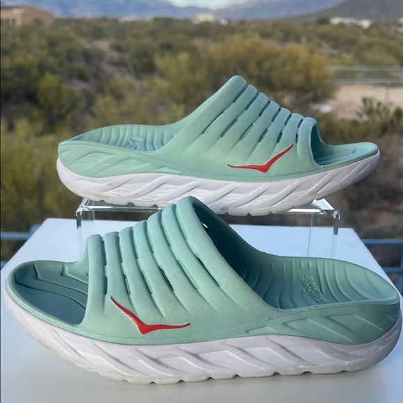 Hoka One One Mint Green & White Slides / with Red Accent - Picture 5 of 16